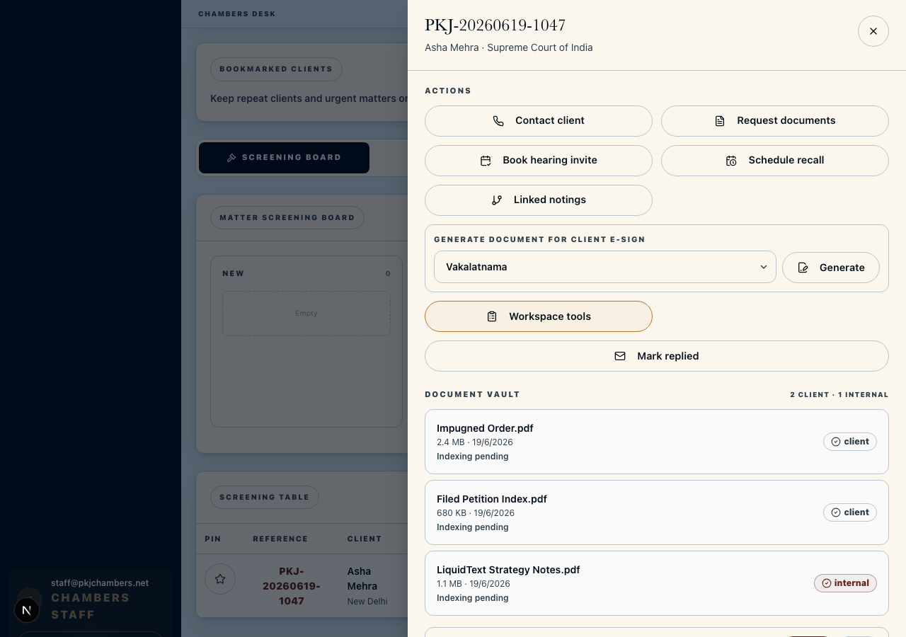 The matter drawer: documents, request and schedule actions in one panel